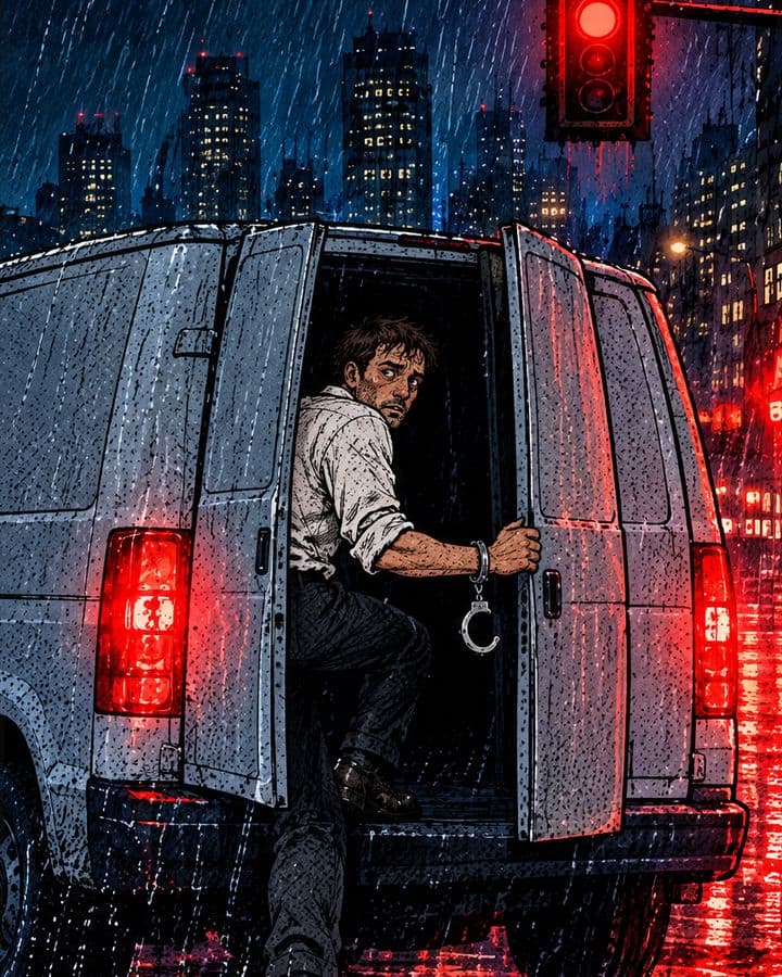 Comic panel: Nate, handcuffed, slips into the back of a delivery van at a red light in the rain